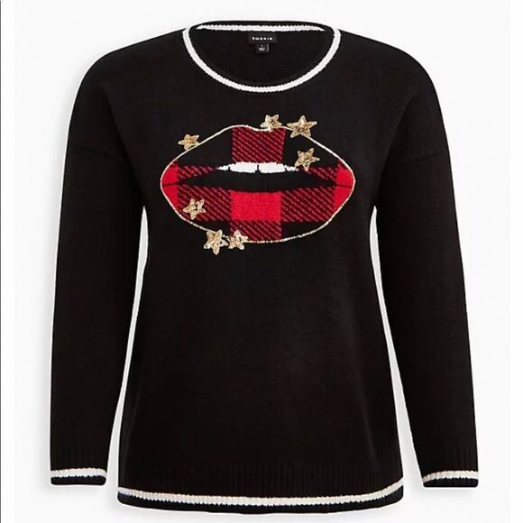TORRID Star Lips Buffalo Plaid Pullover Sweater Crew Neck Plus Size Holiday NWT - Picture 1 of 13